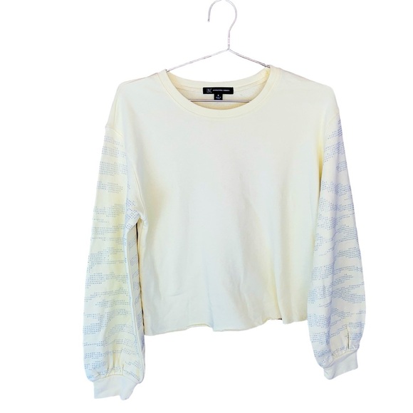 NWT INC Cropped Cotton Bead-Embroidered Raw Hem Sweatshirt sze M Yellow - Picture 1 of 16